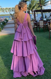 Elegant Purple Square Neck Layered Ruffles Long Prom Dress HZ1023