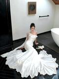 Elegant Mermaid Straps White Satin Long Sweep Party Dress Wedding Dress HZ1023
