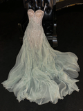 Romantic A Line Strapless Beaded Green Champagne Tulle Party Dress Evening Dress HZ1023