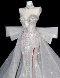 Stunning Mermaid Strapless Rhinestone Sequin Tulle Long Prom Dress Party Dress with Slit HZ1023