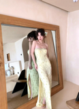 Vintage Light Yellow Sheath Strapless Beaded Satin Prom Dress Wedding Guest Dress HZ1023
