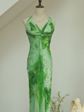 Unique Sheath Halter Green Print Floral Chiffon Open Back Long Prom Dress Formal Dress HZ1023