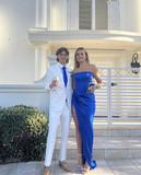 Royal Blue Mermaid Slit Corset Prom Dresses Ruched Formal Evening Party Dresses Bridesmaid Dresses HZ1023