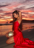 Red Mermaid Spaghetti Strap Ruffle Satin Open Back Prom Dress Vacation Dress with Slit HZ1023
