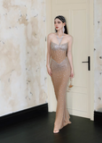 Exquisite Rhinestone Champagne Mermaid Sweetheart Neck Black Tulle Long Evening Dress Gown Dress HZ1023