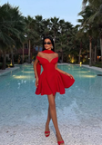 Stunning Red A Line Off the Shoulder Satin Short Homecoming Dress Cocktail Birthday Dress HZ1023