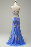 Charming Mermaid V Neck Blue Long Prom Dress With Appliques HZ1023