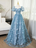 3D Butterfly Applique A Line Puff Sleeves Tulle Lace Gray Blue Sweet Long Prom Dress for Birthday HZ1023