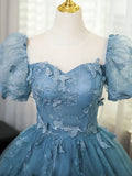 3D Butterfly Applique A Line Puff Sleeves Tulle Lace Gray Blue Sweet Long Prom Dress for Birthday HZ1023
