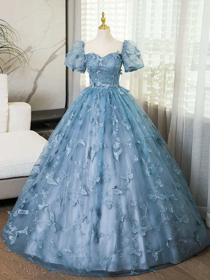 3D Butterfly Applique A Line Puff Sleeves Tulle Lace Gray Blue Sweet Long Prom Dress for Birthday HZ1023