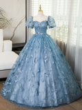 3D Butterfly Applique A Line Puff Sleeves Tulle Lace Gray Blue Sweet Long Prom Dress for Birthday HZ1023