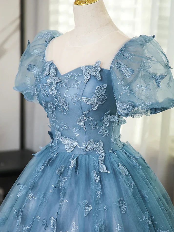 3D Butterfly Applique A Line Puff Sleeves Tulle Lace Gray Blue Sweet Long Prom Dress for Birthday HZ1023