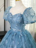 3D Butterfly Applique A Line Puff Sleeves Tulle Lace Gray Blue Sweet Long Prom Dress for Birthday HZ1023