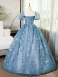 3D Butterfly Applique A Line Puff Sleeves Tulle Lace Gray Blue Sweet Long Prom Dress for Birthday HZ1023
