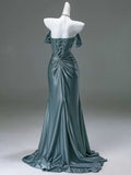 Elegant Mermaid Off-the-Shoulder Pleated Satin Long Evening Dress Graduation Prom Dress HZ1023