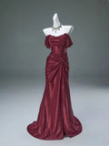 Elegant Mermaid Off-the-Shoulder Pleated Satin Long Evening Dress Graduation Prom Dress HZ1023