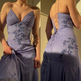 Simple Blue Spaghetti Straps Long Backless Prom Dress HZ1023