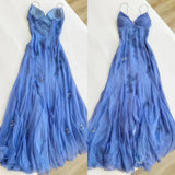Simple Blue Spaghetti Straps Long Backless Prom Dress HZ1023