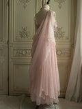 Lovely Pink Chiffon Prom Dress Princess Pearls Spaghetti Straps Evening Gown HZ1023