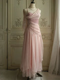 Lovely Pink Chiffon Prom Dress Princess Pearls Spaghetti Straps Evening Gown HZ1023
