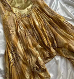 Gold Vintage Floral Satin Applique Spaghetti Straps Chiffon Prom Dresses Party Dresses HZ1023