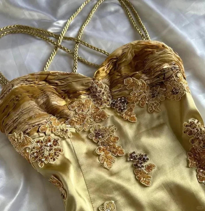 Gold Vintage Floral Satin Applique Spaghetti Straps Chiffon Prom Dresses Party Dresses HZ1023