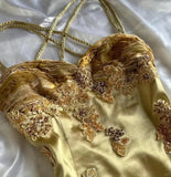 Gold Vintage Floral Satin Applique Spaghetti Straps Chiffon Prom Dresses Party Dresses HZ1023