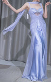 Gentle Purple A Line Strap Beaded Chiffon Satin Prom Dress Evening Dress HZ1023