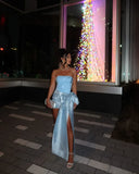 Big Blue Bow Sheath Strapless Satin Short Homecoming Dress Cocktail Dress HZ1023