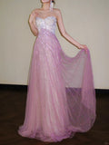 Shiny A Line Sweetheart Neck Beaded Pink Tulle Prom Dress Evening Dress Formal Dress HZ1023