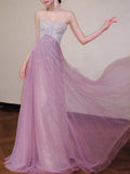 Shiny A Line Sweetheart Neck Beaded Pink Tulle Prom Dress Evening Dress Formal Dress HZ1023