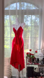 Stunning Red Mermaid Spaghetti Strap Beaded Chiffon Homecoming Dress Cocktail Dress HZ1023