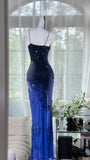Ombre Blue Sheath Spaghetti Strap Beaded Chiffon Prom Dress Evening Dress Formal Dress HZ1023