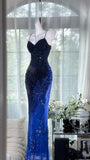 Ombre Blue Sheath Spaghetti Strap Beaded Chiffon Prom Dress Evening Dress Formal Dress HZ1023