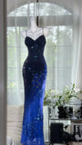 Ombre Blue Sheath Spaghetti Strap Beaded Chiffon Prom Dress Evening Dress Formal Dress HZ1023