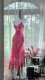 Pink Print Floral Mermaid Spaghetti Straps Chiffon Prom Dress Evening Dress HZ1023