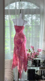 Pink Print Floral Mermaid Spaghetti Straps Chiffon Prom Dress Evening Dress HZ1023