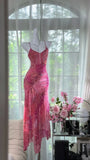 Pink Print Floral Mermaid Spaghetti Straps Chiffon Prom Dress Evening Dress HZ1023