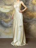 Light Champagne Mermaid Halter Beaded Satin Open Back Prom Dress Party Dress HZ1023