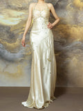 Light Champagne Mermaid Halter Beaded Satin Open Back Prom Dress Party Dress HZ1023
