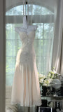 Ivory Rhinestone Mermaid Spaghetti Straps Chiffon Prom Dress Evening Dress HZ1023