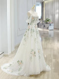 A Line Off Shoulder Tulle Lace Applique White Long Prom Dress Formal Dress HZ1023