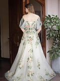 A Line Off Shoulder Tulle Lace Applique White Long Prom Dress Formal Dress HZ1023