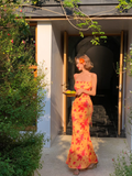 Sexy Sheath Spaghetti Straps Orange Print Floral Satin Long Prom Dress Outfits HZ1023