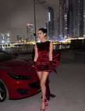 Burgundy Bow Sheath Round Neck Velvet Mini Homecoming Dress Birthday Dress HZ1023