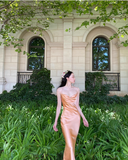 Simple Orange Sheath Spaghetti Strap Satin Open Back Prom Dress Party Dress HZ1023