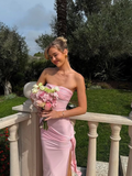 Elegant Sheath Strapless Pink Satin Prom Dress Evening Dress with Slit HZ1023