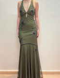Vintage Mermaid V Neck Beaded Green Chiffon Satin Prom Dress Evening Dress HZ1023