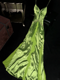 Green A Line Spaghetti Strap Beaded Pleated Satin Long Prom Dress Evening Dress HZ1023