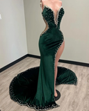Black Girl Prom Dresses Long Mermaid Green Prom Gown With Train HZ1023